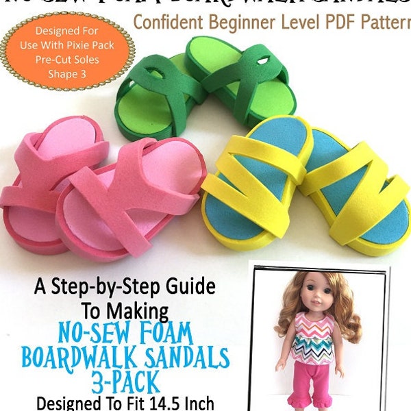 No-Sew Boardwalk Sandals 3 Pack 14.5 inch Doll Clothes Shoe Pattern Fits Dolls such as WellieWishers™ - Miche Designs - PDF - Pixie Faire