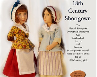 May include: A PDF sewing pattern for an 18th Century shortgown, cap, neckerchief, apron, and petticoat for 16-inch dolls. The pattern includes instructions for a pleated shortgown and a drawstring shortgown. The image shows two dolls wearing the shortgowns.