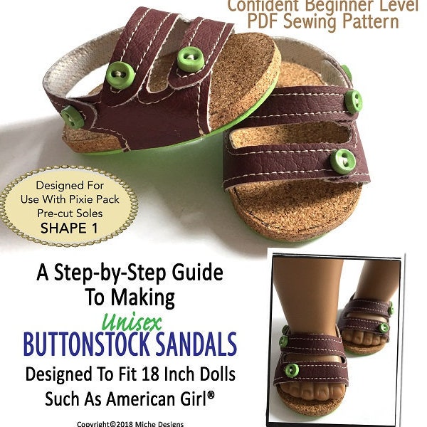 Club Buttonstock Sandals 18 inch Doll Clothes Shoe Pattern Fits Dolls such as American Girl® - Miche Designs - PDF - Pixie Faire