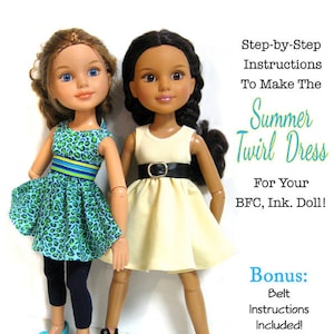 May include: Two dolls wearing trendy doll fashions. One doll is wearing a blue and green patterned dress with black leggings and blue sandals. The other doll is wearing a cream-colored dress with a black belt and black sneakers. The image includes text that reads "123 Mulberry Street".