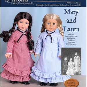 May include: A PDF sewing pattern for a doll dress, titled "Mary and Laura", inspired by an 1880 photograph. The pattern is designed to fit 18-inch dolls. The image shows two dolls wearing the dresses, one in red and white gingham and the other in blue and white gingham.