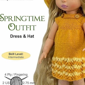 May include: A knitting pattern for a springtime outfit for a 16-inch doll. The outfit includes a yellow dress with a white trim and a matching yellow sun hat. The pattern is designed for intermediate knitters and uses 4-ply fingering weight yarn with 2.75 mm needles.