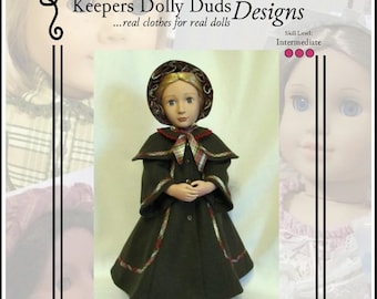 May include: A PDF sewing pattern for a Victorian Caroler's Coat for 16-inch dolls. The pattern is designed for dolls such as A Girl for All Time. The pattern is from Keepers Dolly Duds Designs, which makes real clothes for real dolls. The skill level for this pattern is intermediate.