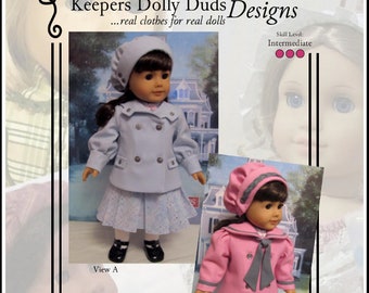May include: A PDF sewing pattern for a 18-inch (46 cm) doll reefer jacket. The pattern includes two views: a blue jacket with a white collar and a pink jacket with a gray collar. The pattern is titled "1915 Reefer Jacket" and is designed by Keepers Dolly Duds Designs.