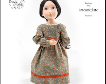 May include: A PDF sewing pattern for a Sarah Hale dress for a 16-inch doll. The pattern is designed for a doll with a similar size to the "A Girl for All Time" doll. The pattern is rated as intermediate difficulty.