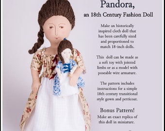 Pandora, an 18th-century fashion doll Sewing Pattern to make an 18" doll or 6" mini doll and Clothes -Thimbles and Acorns -PDF- Pixie Faire