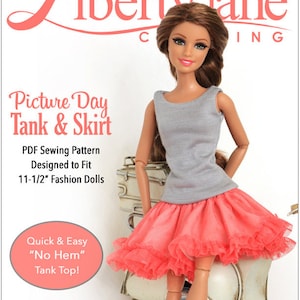 Puede incluir: Un patrón de costura PDF para un top gris sin mangas y una falda de tul coral para muñecas de moda de 11 1/2 pulgadas. El patrón incluye instrucciones para un top de tanque "sin dobladillo" rápido y fácil. El nivel de habilidad es fácil.