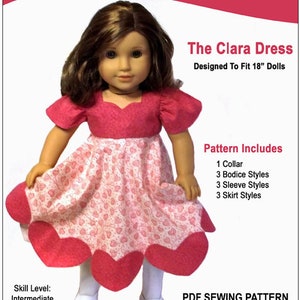 May include: A PDF sewing pattern for a pink and white dress designed for 18-inch dolls. The pattern includes instructions for making a collar, bodice, sleeves, and skirt. The pattern is titled "The Clara Dress" and is part of the "Sharp Dressed Dolls" collection.