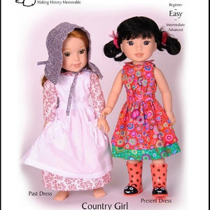 May include: A PDF sewing pattern for making clothes for 14.5-inch dolls. The pattern includes two dresses, one with a simple design and one with a more elaborate design. The pattern is titled "Country Girl" and includes instructions for making a past dress and a present dress.