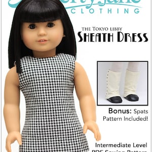 May include: A black and white houndstooth dress pattern for 18 inch dolls. The pattern includes instructions for a sheath dress and spats. The pattern is for an intermediate sewing level.