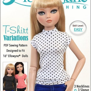 Könnte beinhalten: Ein Schnittmuster für ein T-Shirt, das für 40,6 cm große Puppen entworfen wurde. Das Schnittmuster umfasst drei Ausschnitt- und drei Ärmelvarianten. Das Bild zeigt eine Puppe, die ein weißes T-Shirt mit schwarzen Punkten trägt.