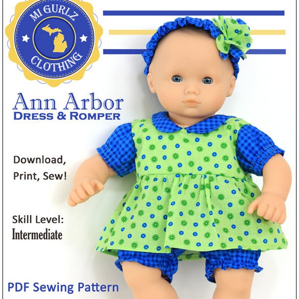 Ann Arbor Dress & Romper 15 inch Doll Clothes Pattern Fits Baby Dolls such as Bitty Baby® - MI Gurlz Clothing - PDF - Pixie Faire