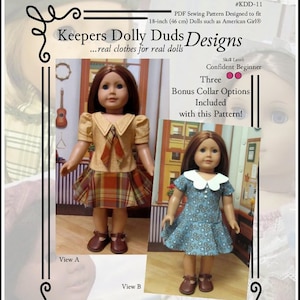 May include: PDF sewing pattern for 18-inch dolls, featuring two doll outfits in a 70s style. The first outfit is a plaid skirt with a brown and yellow top and a white collar. The second outfit is a blue floral dress with a white collar. The pattern includes three bonus collar options. #KDD-11 Keepers Dolly Duds Designs ...real clothes for real dolls