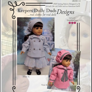 May include: A PDF sewing pattern for a 18-inch (46 cm) doll reefer jacket. The pattern includes two views: a blue jacket with a white collar and a pink jacket with a grey collar. The pattern is titled "1915 Reefer Jacket" and is designed by Keepers Dolly Duds Designs.