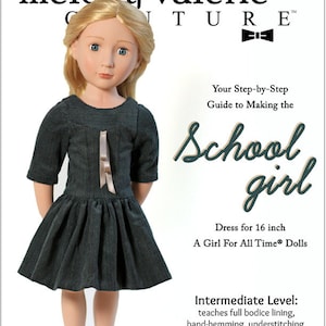 Puede incluir: Un patrón de costura para un vestido de colegiala para una muñeca de 40,6 cm. El patrón incluye instrucciones para el forro completo del corpiño, el dobladillo a mano, la puntada de seguridad, el ribete del escote y una cremallera invisible.  "Find More Great Patterns @ www.LibertyJanePatterns.com"