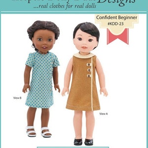 May include: A PDF sewing pattern for a 1960s-style dress for 14.5-inch dolls. The pattern is called "1960s Town and Country" and is designed for dolls such as WellieWishers. The pattern is for a confident beginner and includes two views: a dress with a collar and a dress without a collar.