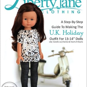 Peut inclure: Un patron de couture PDF pour une tenue de vacances au Royaume-Uni pour poupées de 33-36 cm. Le patron comprend un haut à imprimé léopard, un legging noir et un graphique de scooter. Le patron est classé niveau de difficulté "Intermédiaire".
