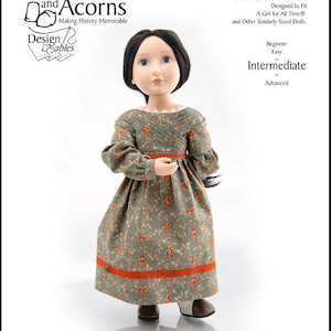 Puede incluir: Un patrón de costura PDF para un vestido Sarah Hale para una muñeca de 40 cm. El patrón está diseñado para una muñeca de tamaño similar a la muñeca "A Girl for All Time". El patrón está clasificado como de dificultad intermedia.