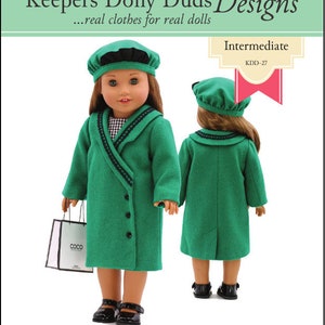 May include: A PDF sewing pattern for a 1927 coat and tam for 18-inch dolls. The pattern is designed for intermediate sewers and includes instructions for making a green coat with black trim and a matching tam.