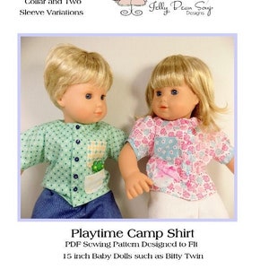 Playtime Camp Shirts 15 inch Doll Clothes Pattern Fits Baby Dolls such as Bitty Baby® - Jelly Bean Soup Designs - PDF - Pixie Faire
