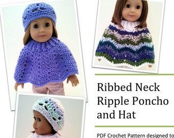 Ribbed Neck Ripple Poncho and Hat 18 inch Doll Clothes Crochet Pattern - Sweet Pea Fashions - PDF - Pixie Faire