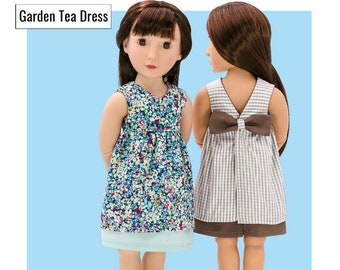 Pode incluir: Um padrão de costura PDF para um vestido de boneca de 40,6 cm. O padrão é para iniciantes e é projetado para bonecas de 40,6 cm. O vestido é mostrado em dois tecidos diferentes, um com estampa floral e o outro com estampa xadrez. O vestido tem um laço nas costas.