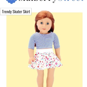 Może przedstawiać: Wz&oacute;r szycia PDF do sp&oacute;dnicy skater dla lalek o wysokości 45,7 cm. Wz&oacute;r jest łatwy do naśladowania i zawiera instrukcje dotyczące szycia sp&oacute;dnicy z kwiatowym nadrukiem. Wz&oacute;r jest przeznaczony dla lalek o wysokości 45,7 cm, takich jak lalki American Girl.