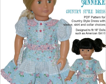 Anneke Country Style Dress 18 inch Doll Clothes Pattern Fits Popular 18" Dolls - Genniewren Designs - PDF - Pixie Faire