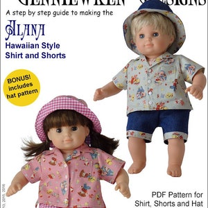 May include: A PDF pattern for a 15-inch baby doll outfit, including a Hawaiian-style shirt, shorts, and a hat. The pattern is designed for dolls like Bitty Baby and Bitty Twins. The sewing level is easy to intermediate.