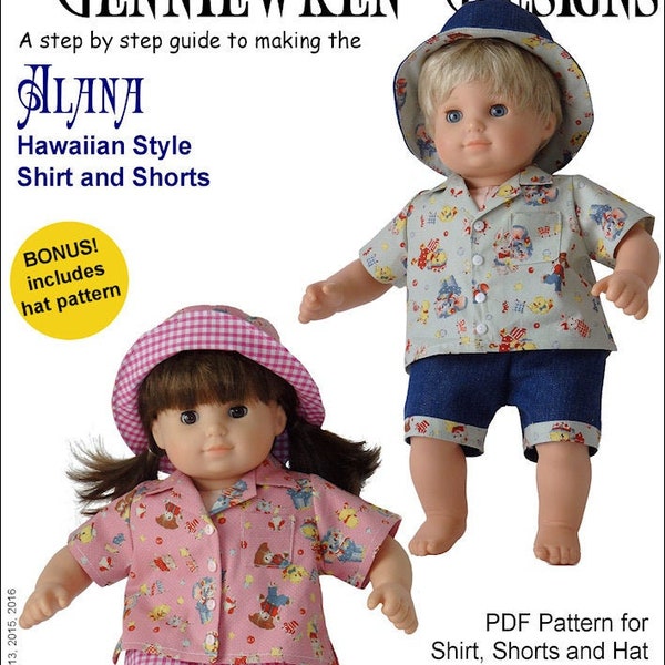 Alana - Hawaiian-Style Shirt, Shorts & Hat 15 inch Doll Clothes Pattern Fits Dolls such as Bitty Baby - Genniewren Designs -PDF- Pixie Faire