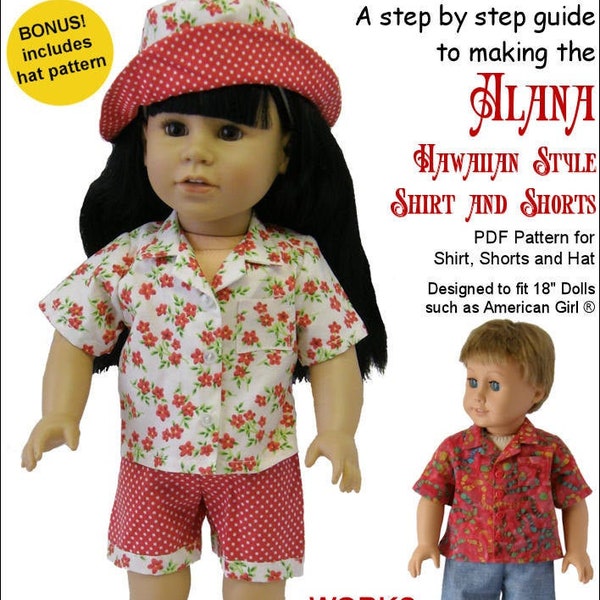 Alana Hawaiian-Style Shirt, Shorts & Hat 18 inch Doll Clothes Pattern - Genniewren Designs - PDF - Pixie Faire