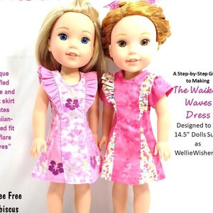 May include: Two 14.5 inch dolls wearing pink dresses with ruffled bodices and floral prints. The dresses are designed to fit Wellie Wishers dolls. The dolls are wearing white sandals. The image includes the text "FROG Princess Fashions" and "The Waikiki Waves Dress".