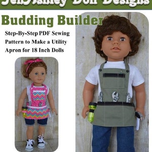 May include: An image of two dolls wearing aprons. The aprons are designed for 18-inch dolls. The text on the image says "Budding Builder" and "Step-By-Step PDF Sewing Pattern to Make a Utility Apron for 18 Inch Dolls". The skill level is listed as "Easy".