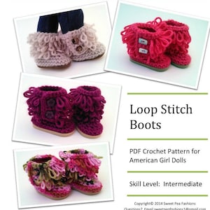 May include: PDF crochet pattern for making loop stitch boots for 18-inch dolls. The pattern is for an intermediate skill level. The image shows several pairs of pink and purple crochet boots with fringe.