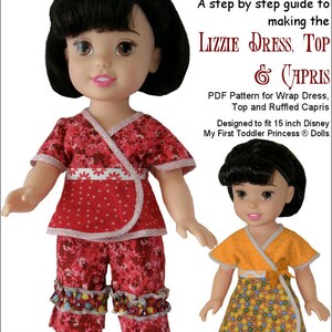 Peut inclure: Patron de couture pour une robe portefeuille, un haut et un capri à volants pour poupées Disney My First Toddler Princess de 38 cm. Le patron comprend un guide étape par étape et est classé comme niveau de couture intermédiaire.