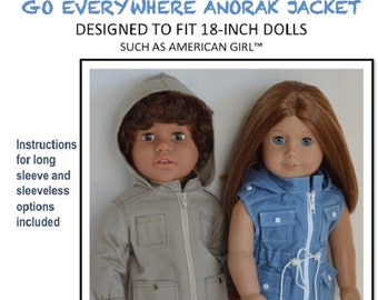 May include: A sewing pattern for an anorak jacket designed to fit 18-inch dolls. The pattern includes instructions for long sleeve and sleeveless options. The pattern is labeled "Go Everywhere Anorak Jacket" and is for an intermediate skill level.