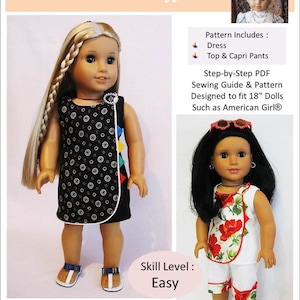 May include: A digital pattern for making doll clothes. The pattern includes instructions for making a dress, a top, and capri pants. The pattern is designed to fit 18-inch dolls, such as American Girl dolls. The pattern is easy to follow and includes step-by-step instructions. The pattern is available as a PDF download.