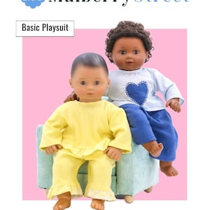 May include: PDF sewing pattern for a basic playsuit designed to fit 15-inch baby dolls. The pattern includes instructions for a yellow playsuit with a ruffled hem and a blue and white striped playsuit with a blue heart applique. The pattern is labeled "123 Mulberry Street" and "Skill Level: Beginner".