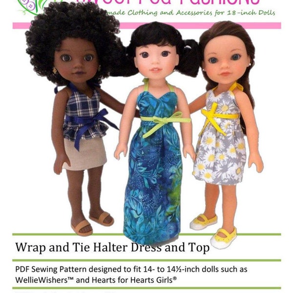 Wrap and Tie Halter Dress and Top 14-14.5 inch Doll Clothes Pattern Fits WellieWishers™, H4H  - Sweet Pea Fashions - PDF - Pixie Faire