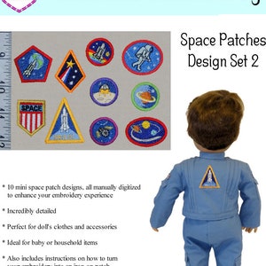 Peut inclure: Un ensemble de 10 motifs de broderie machine représentant des patchs sur le thème de l'espace. Les motifs comprennent une fusée, un astronaute, une planète et une étoile. Les motifs sont parfaits pour ajouter une touche de fantaisie aux vêtements, aux accessoires ou à la décoration de la maison. Les motifs mesurent de 2,8 cm à 4,4 cm.
