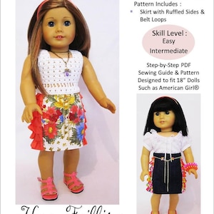 May include: A digital download pattern for a doll skirt with ruffled sides and belt loops. The pattern is designed to fit 18-inch dolls, such as American Girl dolls. The pattern includes a step-by-step sewing guide and is labelled as easy to intermediate skill level.