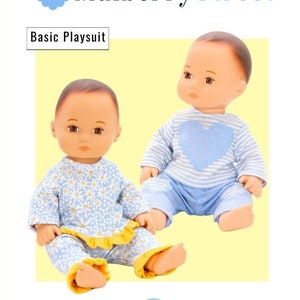May include: PDF sewing pattern for a basic playsuit designed to fit 8-inch baby dolls. The pattern includes instructions for a blue and white playsuit with a daisy print and a blue and white striped playsuit with a blue heart.