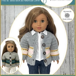 Starry Striped Cardigan 18 inch Doll Clothes Crochet Pattern Fits Popular 18" Dolls - J Lyn Boutique - PDF - Pixie Faire