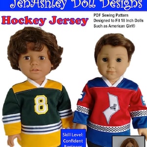 May include: Image of two dolls wearing hockey jerseys. One doll wears a green and yellow jersey with the number 8. The other doll wears a red and blue jersey with a white graphic. The text reads "Hockey Jersey" and "PDF Sewing Pattern".