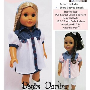 Peut inclure: Un patron de couture PDF pour une blouse à manches courtes pour poupées de 45,7 et 50,8 cm. Le patron comprend un guide étape par étape et est conçu pour s'adapter à des poupées telles que American Girl® et Australian Girl®. Le patron est illustré avec deux poupées portant la blouse, l'une en blanc et l'autre en rose.