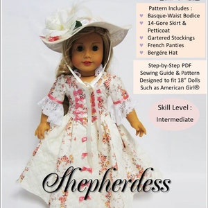 May include: A doll wearing a white dress with pink floral print and a white hat with a pink flower. The doll is holding a book and is sitting on a chair. The text "Little Miss Muffett" is at the top of the image. The text "Shepherdess" is at the bottom of the image. The text "Copyright© 2019 Little Miss Muffett" is at the bottom of the image.