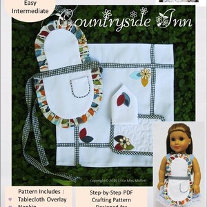 Puede incluir: Un patrón de costura para un delantal, mantel, servilleta y salvamanteles de tamaño muñeca. El patrón está diseñado para muñecas de 45,7 cm, como las muñecas American Girl. El patrón incluye una guía PDF paso a paso y se titula "Little Miss Muffett Countryside Inn".