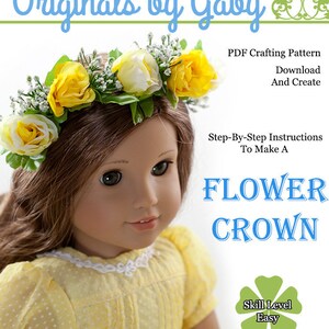Peut inclure: Un patron de couture PDF pour une couronne de fleurs, conçue pour les poupées de 40 à 50 cm. Le patron comprend des instructions étape par étape et est classé comme niveau de difficulté facile. L'image montre une poupée portant une couronne de fleurs jaunes.