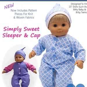May include: A PDF sewing pattern for a baby doll sleeper and cap. The pattern is designed to fit 15-inch dolls, such as Bitty Baby and Bitty Twins. The pattern includes instructions for making a blue and white sleeper with a white cap, and a purple sleeper with a pink and purple cap. The pattern is labelled "Simply Sweet Sleeper & Cap" and "Intermediate Level".