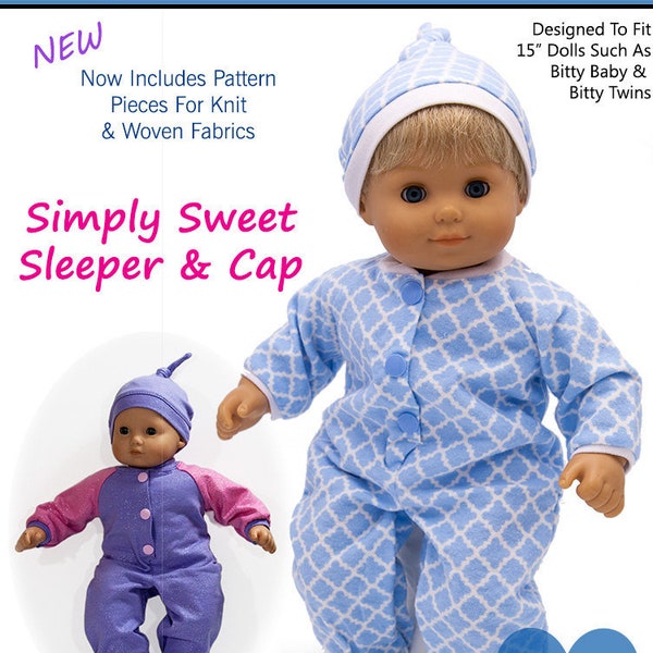 Simply Sweet Sleeper and Cap 15 Inch Doll Clothes Pattern Fits Baby Dolls such as Bitty Baby™ - Baby Mine - PDF - Pixie Faire